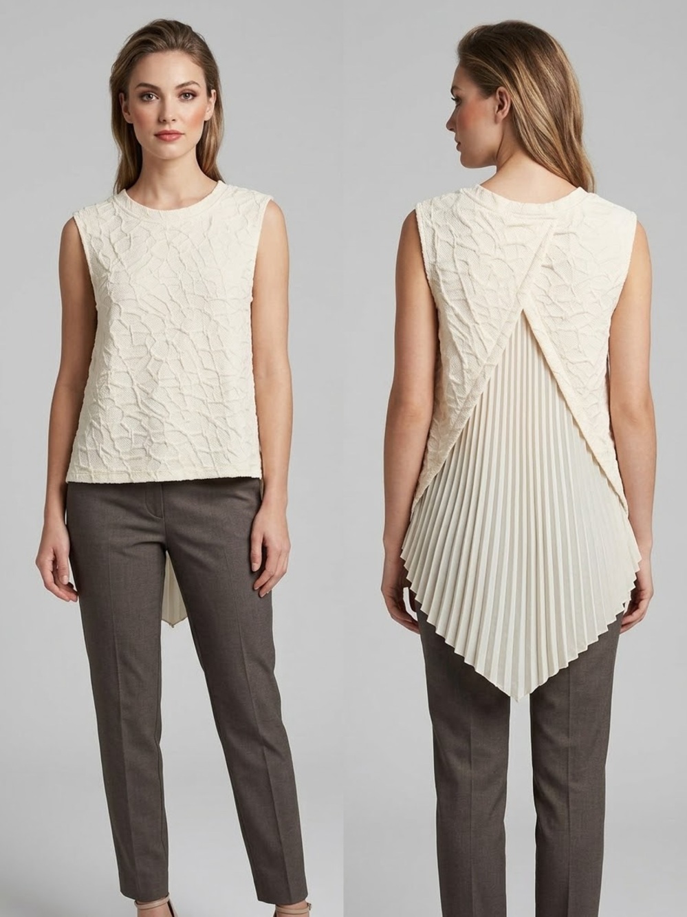 NWT Pleione Cream Textured Sleeveless Top with chiffon Pleated high low Back